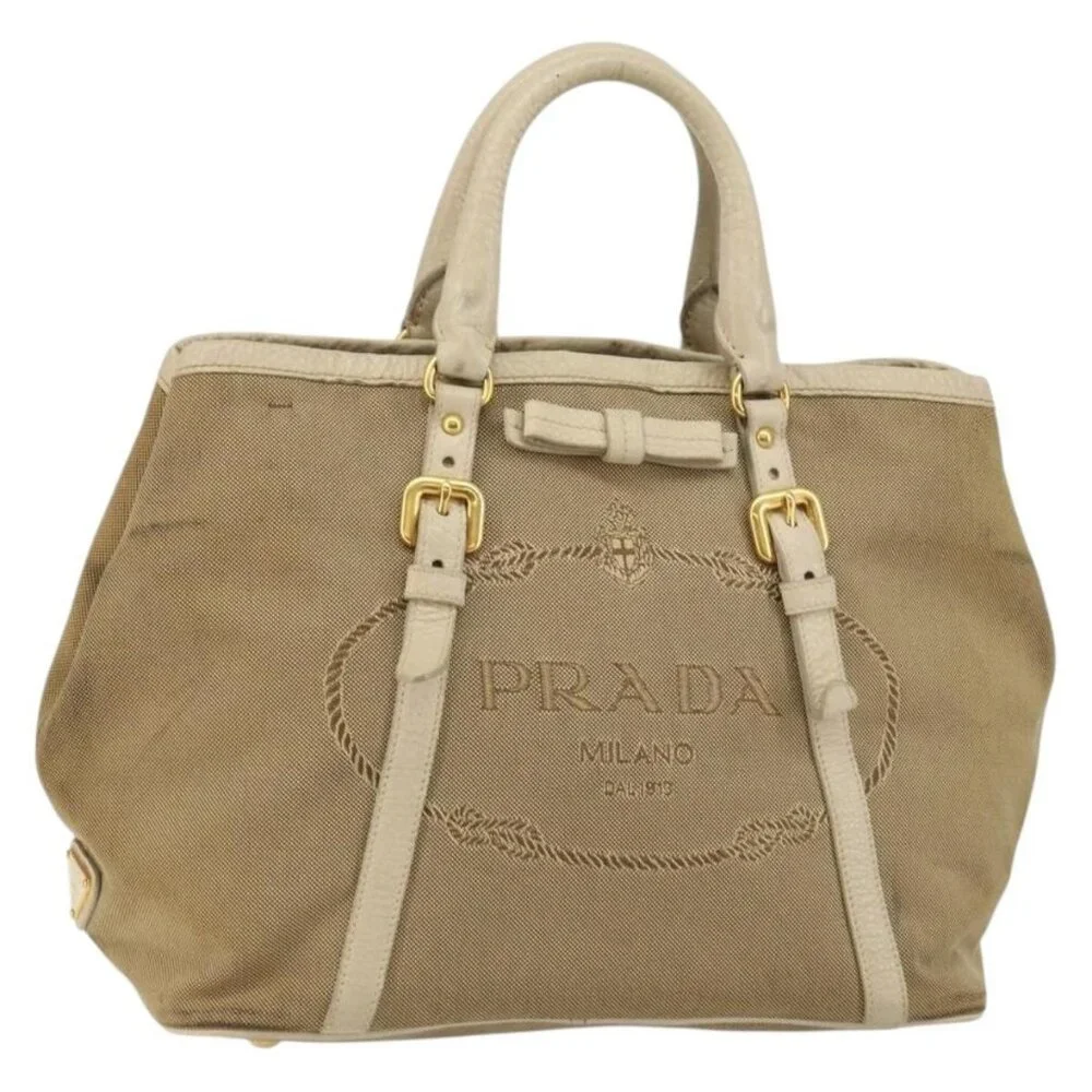 PRADA Hand Bag Canvas Beige Gold Auth - Picture 7 of 15